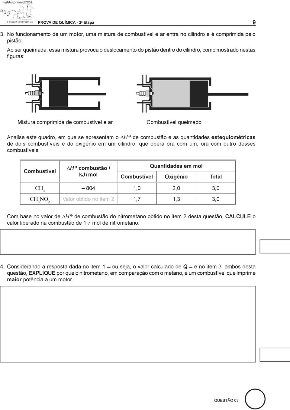 que se apresentam o H O de combustão e as quantidades estequiométricas de dois combustíveis e do oxigênio em um cilindro, que opera ora com um, ora com outro desses combustíveis: Combustível H O