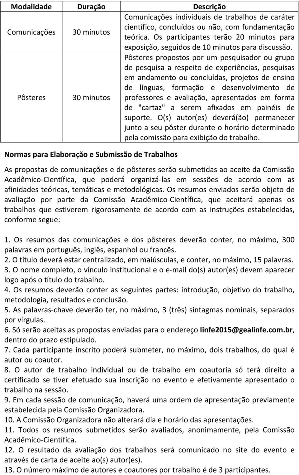 Pôsteres 30 minutos Pôsteres propostos por um pesquisador ou grupo de pesquisa a respeito de experiências, pesquisas em andamento ou concluídas, projetos de ensino de línguas, formação e