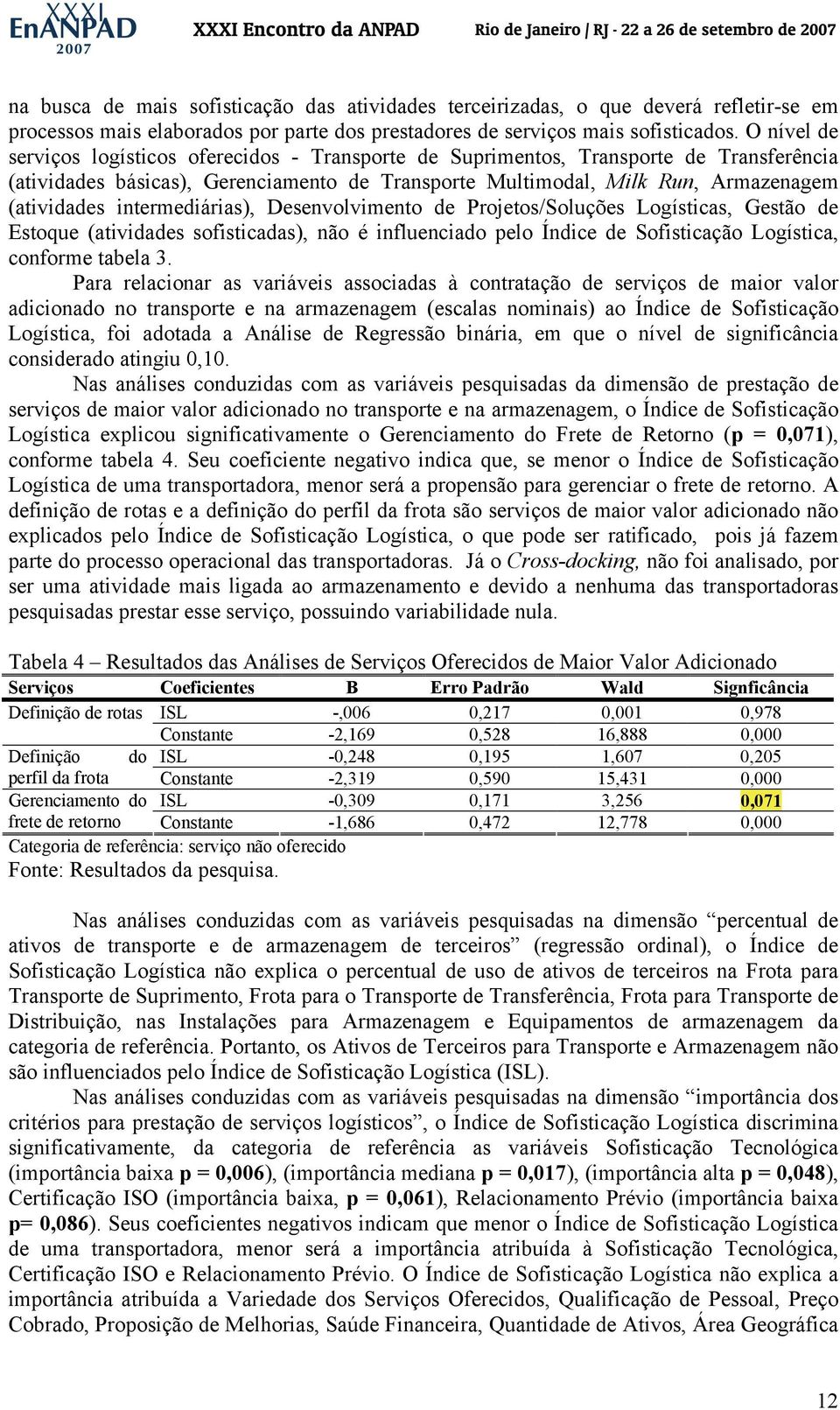 intermediárias), Desenvolvimento de Projetos/Soluções Logísticas, Gestão de Estoque (atividades sofisticadas), não é influenciado pelo Índice de Sofisticação Logística, conforme tabela 3.