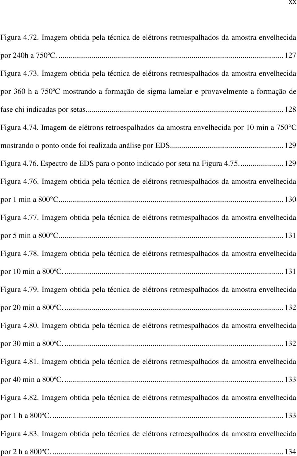 ... 128 Figura 4.74. Imagem de elétrons retroespalhados da amostra envelhecida por 10 min a 750 C mostrando o ponto onde foi realizada análise por EDS... 129 Figura 4.76.