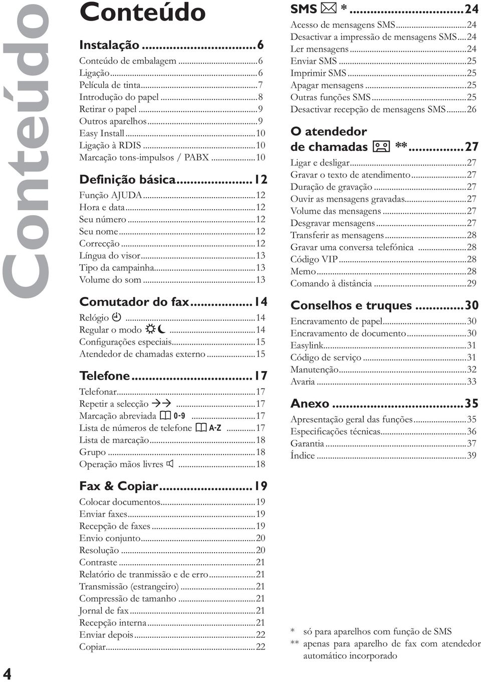 ..13 Comutador do fax...14 Relógio U...14 Regular o modo SM...14 Configurações especiais...15 Atendedor de chamadas externo...15 Telefone...17 Telefonar...17 Repetir a selecção PP.