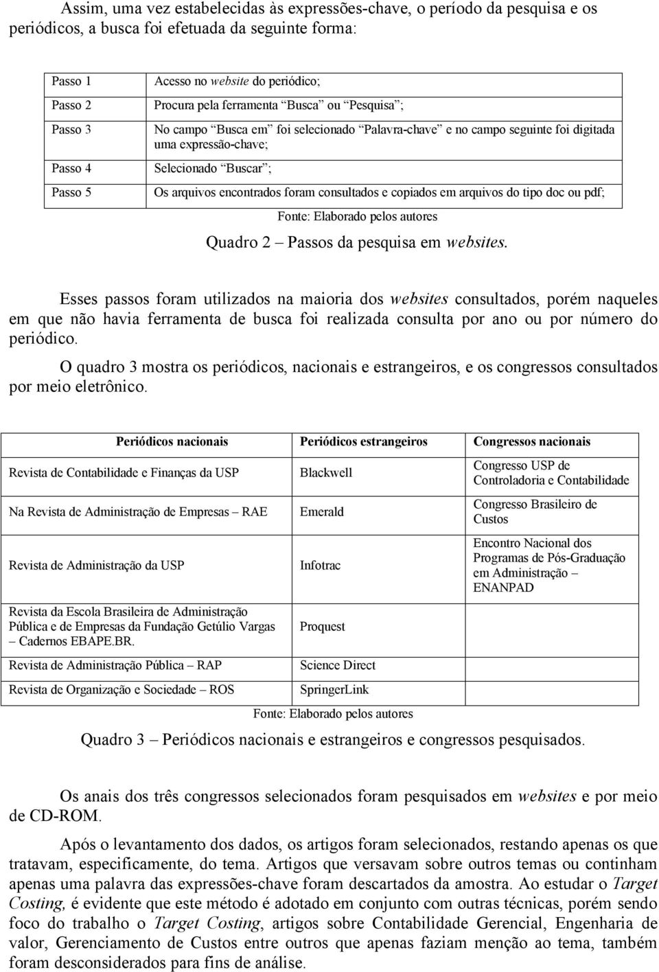 encontrados foram consultados e copiados em arquivos do tipo doc ou pdf; Quadro 2 Passos da pesquisa em websites.