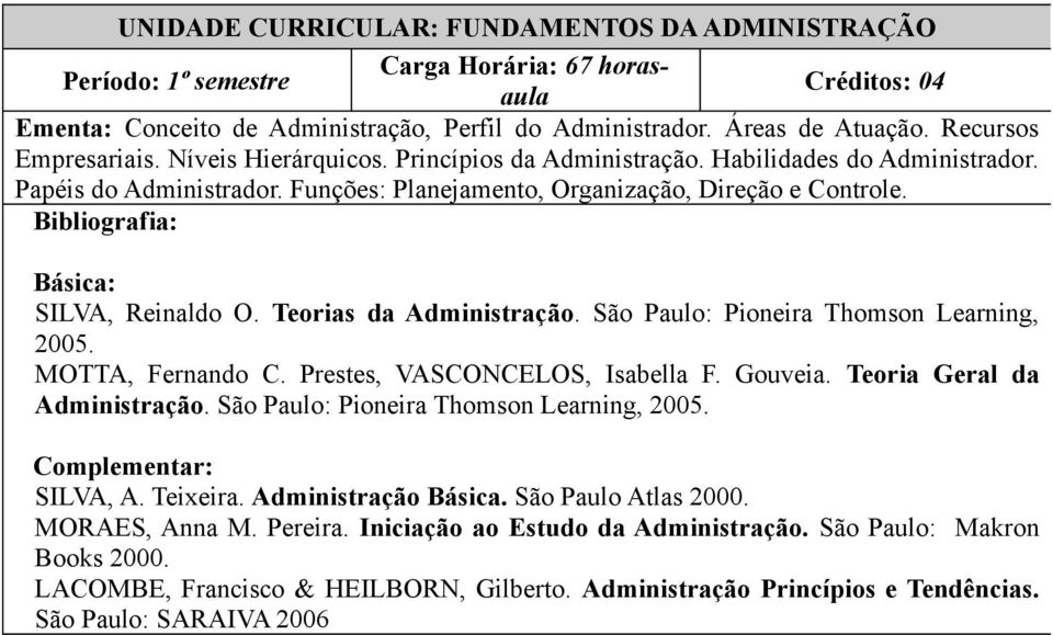Teorias da Administração. São Paulo: Pioneira Thomson Learning, 2005. MOTTA, Fernando C. Prestes, VASCONCELOS, Isabella F. Gouveia. Teoria Geral da Administração.