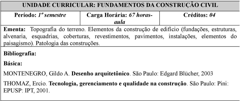 instalações, elementos do paisagismo). Patologia das construções. MONTENEGRO, Gildo A. Desenho arquitetônico.