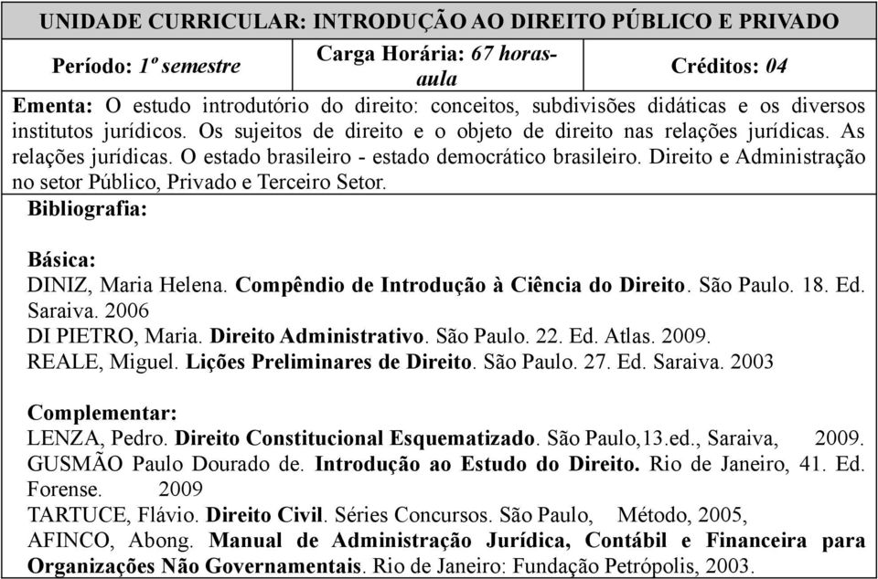 Direito e Administração no setor Público, Privado e Terceiro Setor. DINIZ, Maria Helena. Compêndio de Introdução à Ciência do Direito. São Paulo. 18. Ed. Saraiva. 2006 DI PIETRO, Maria.