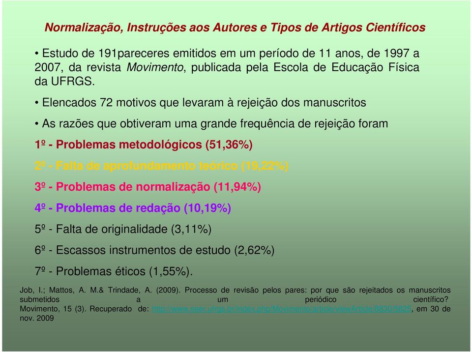 (19,22%) 3º - Problemas de normalização (11,94%) 4º - Problemas de redação (10,19%) 5º - Falta de originalidade (3,11%) 6º - Escassos instrumentos de estudo (2,62%) 7º - Problemas éticos (1,55%).