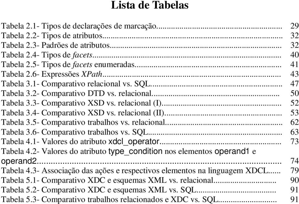 relacional (I)... 52 Tabela 3.4- Comparativo XSD vs. relacional (II)... 53 Tabela 3.5- Comparativo trabalhos vs. relacional... 62 Tabela 3.6- Comparativo trabalhos vs. SQL... 63 Tabela 4.