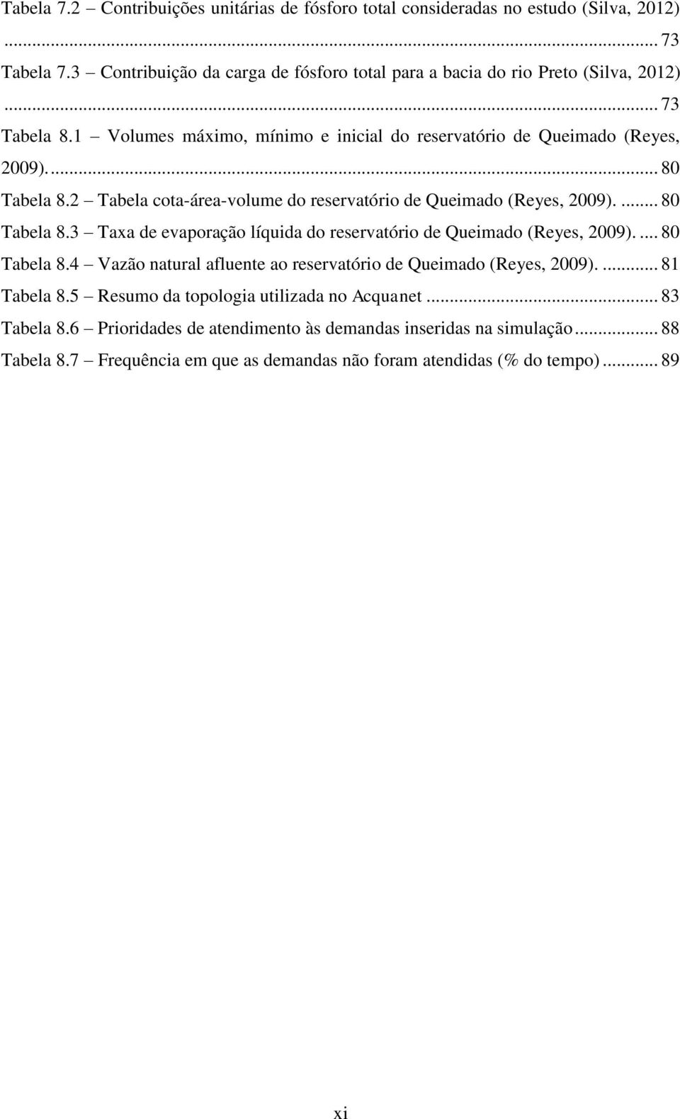 ... 80 Tabela 8.4 Vazão natural afluente ao reservatório de Queimado (Reyes, 2009).... 81 Tabela 8.5 Resumo da topologia utilizada no Acquanet... 83 Tabela 8.