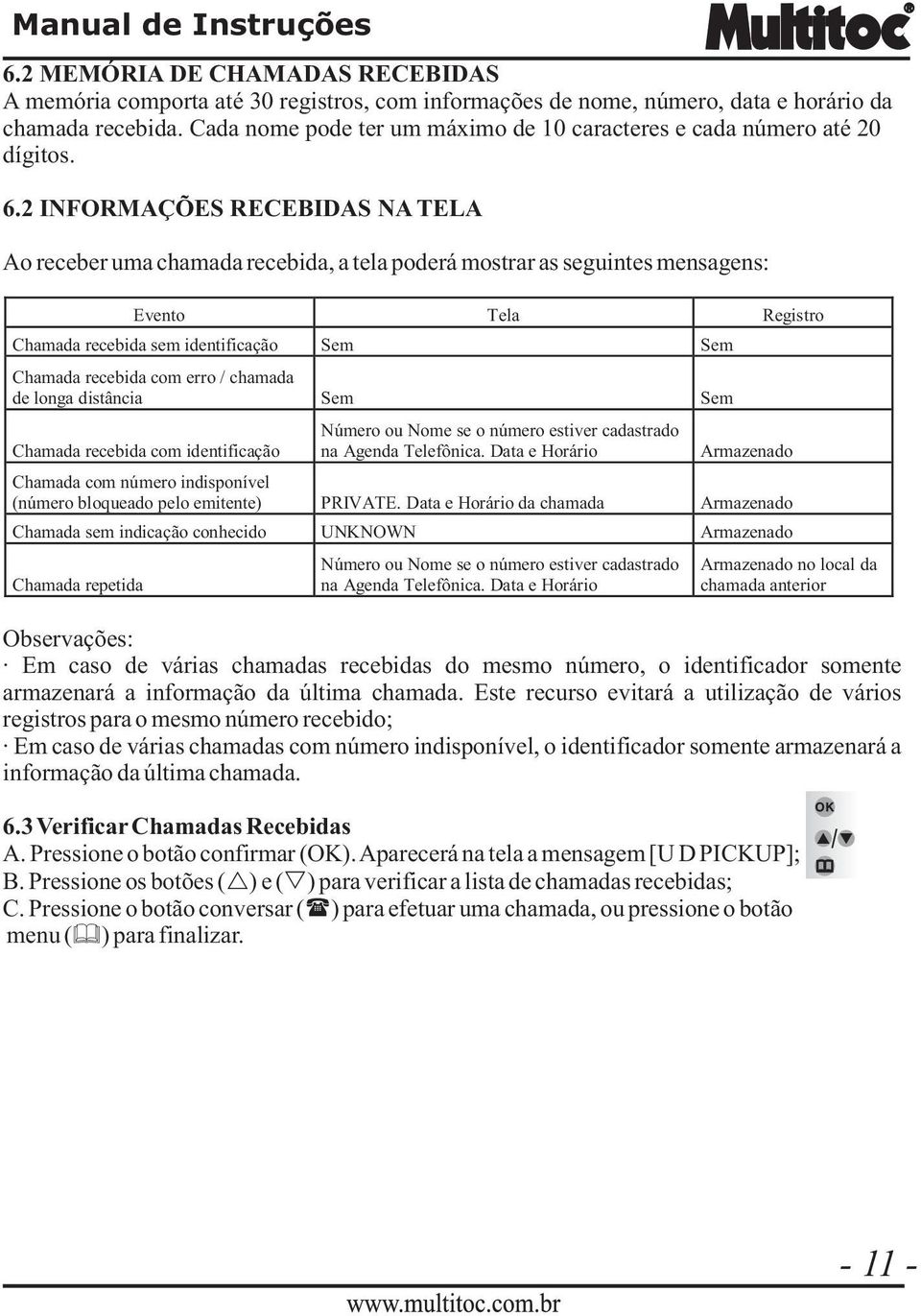 2 INFORMAÇÕES RECEBIDAS NA TELA Ao receber uma chamada recebida, a tela poderá mostrar as seguintes mensagens: Evento Tela Registro Chamada recebida sem identificação Sem Sem Chamada recebida com