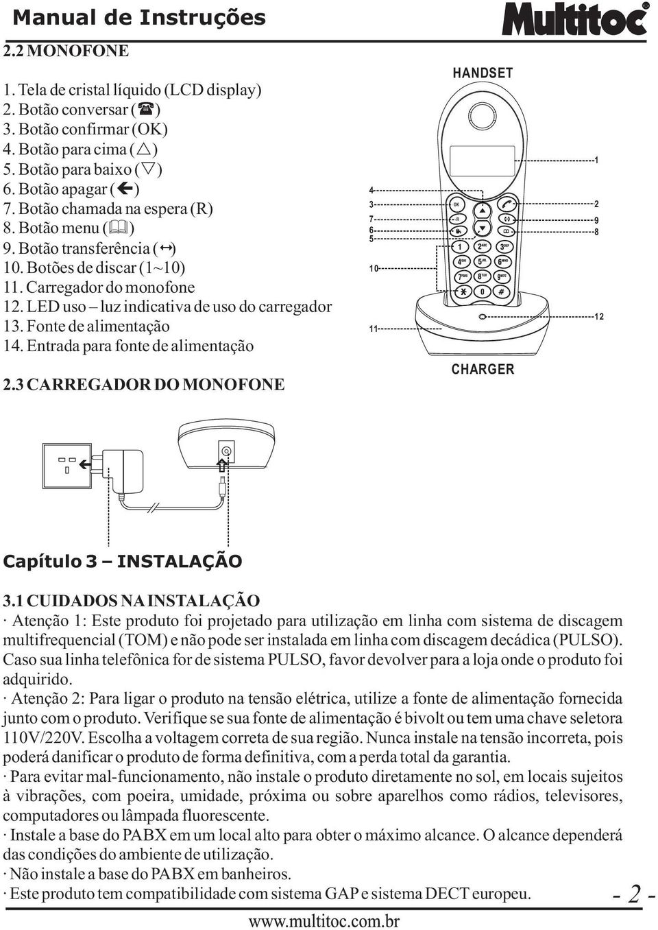 Fonte de alimentação 14. Entrada para fonte de alimentação 2.3 CARREGADOR DO MONOFONE 4 3 OK 2 7 6 5 10 11 HANDSET R CHARGER 1 9 8 12 Capítulo 3 INSTALAÇÃO 3.