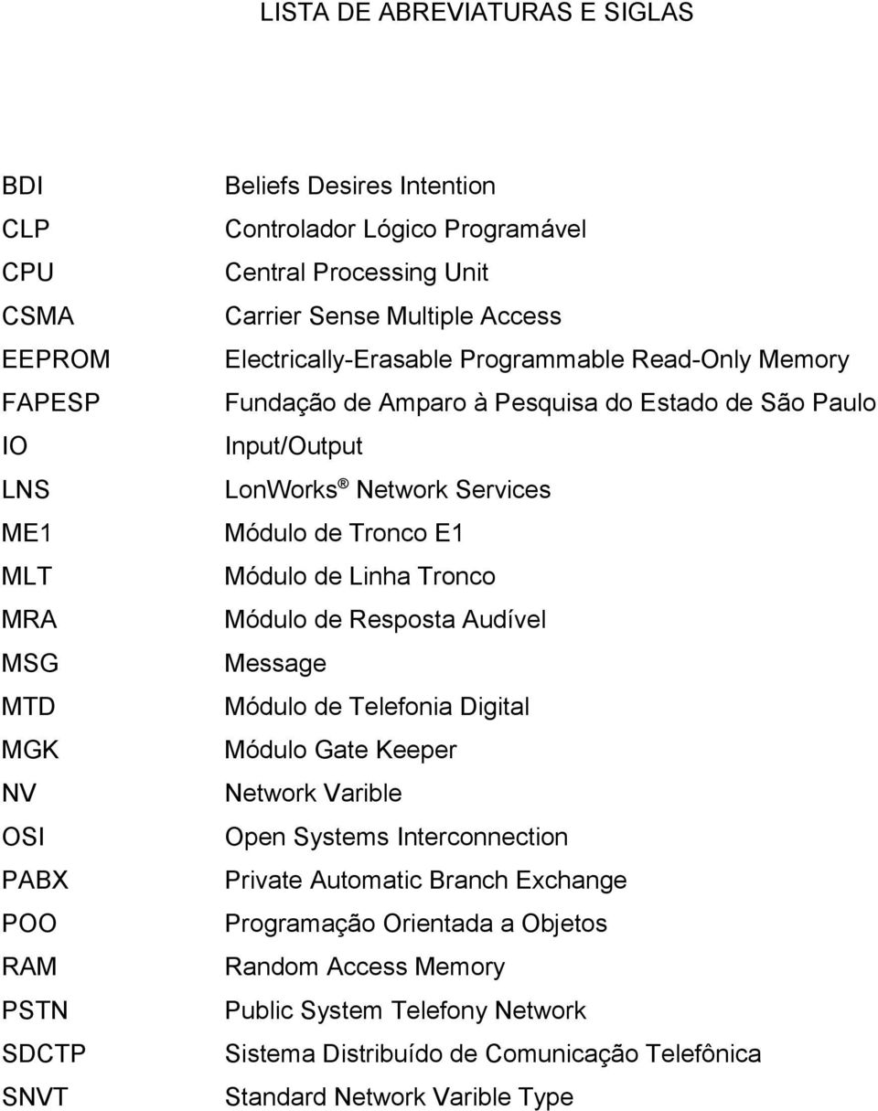 Módulo de Linha Tronco MRA Módulo de Resposta Audível MSG Message MTD Módulo de Telefonia Digital MGK Módulo Gate Keeper NV Network Varible OSI Open Systems Interconnection PABX Private