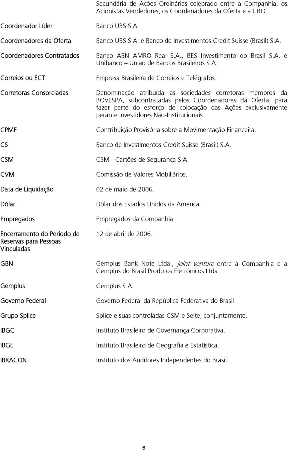 A. Banco ABN AMRO Real S.A., BES Investimento do Brasil S.A. e Unibanco União de Bancos Brasileiros S.A. Empresa Brasileira de Correios e Telégrafos.