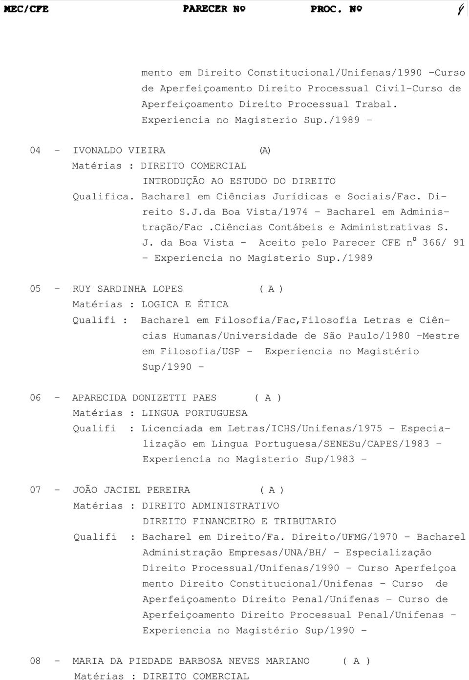 Ciências Contábeis e Administrativas S. J. da Boa Vista - Aceito pelo Parecer CFE n o 366/ 91 - Experiencia no Magisterio Sup.