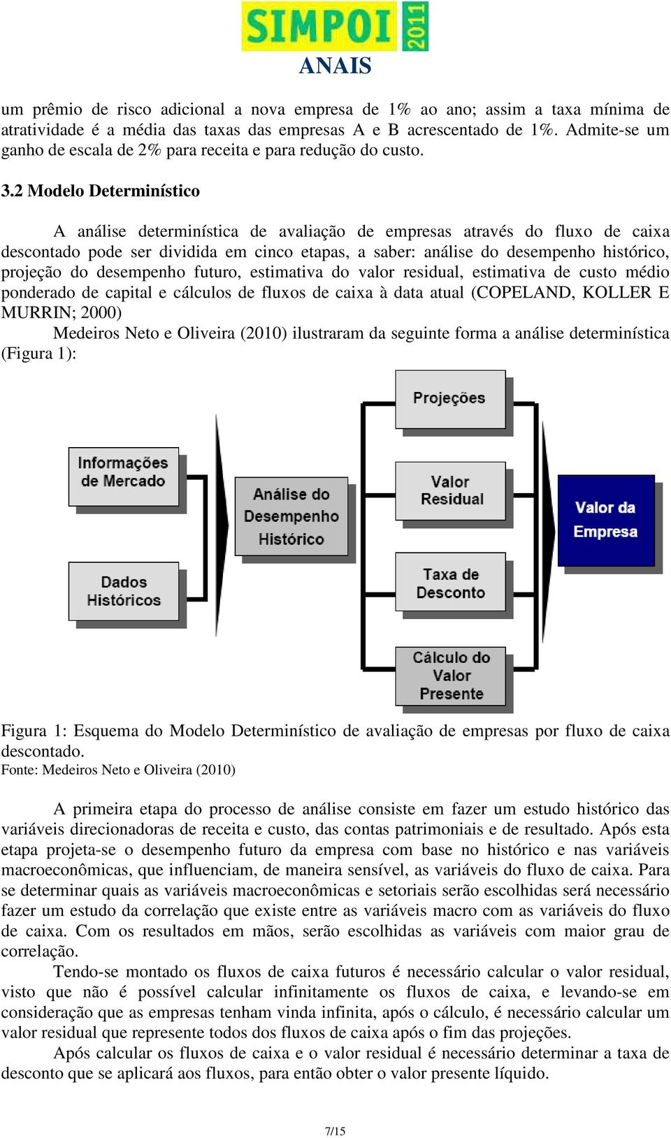 2 Modelo Determinístico A análise determinística de avaliação de empresas através do fluxo de caixa descontado pode ser dividida em cinco etapas, a saber: análise do desempenho histórico, projeção do