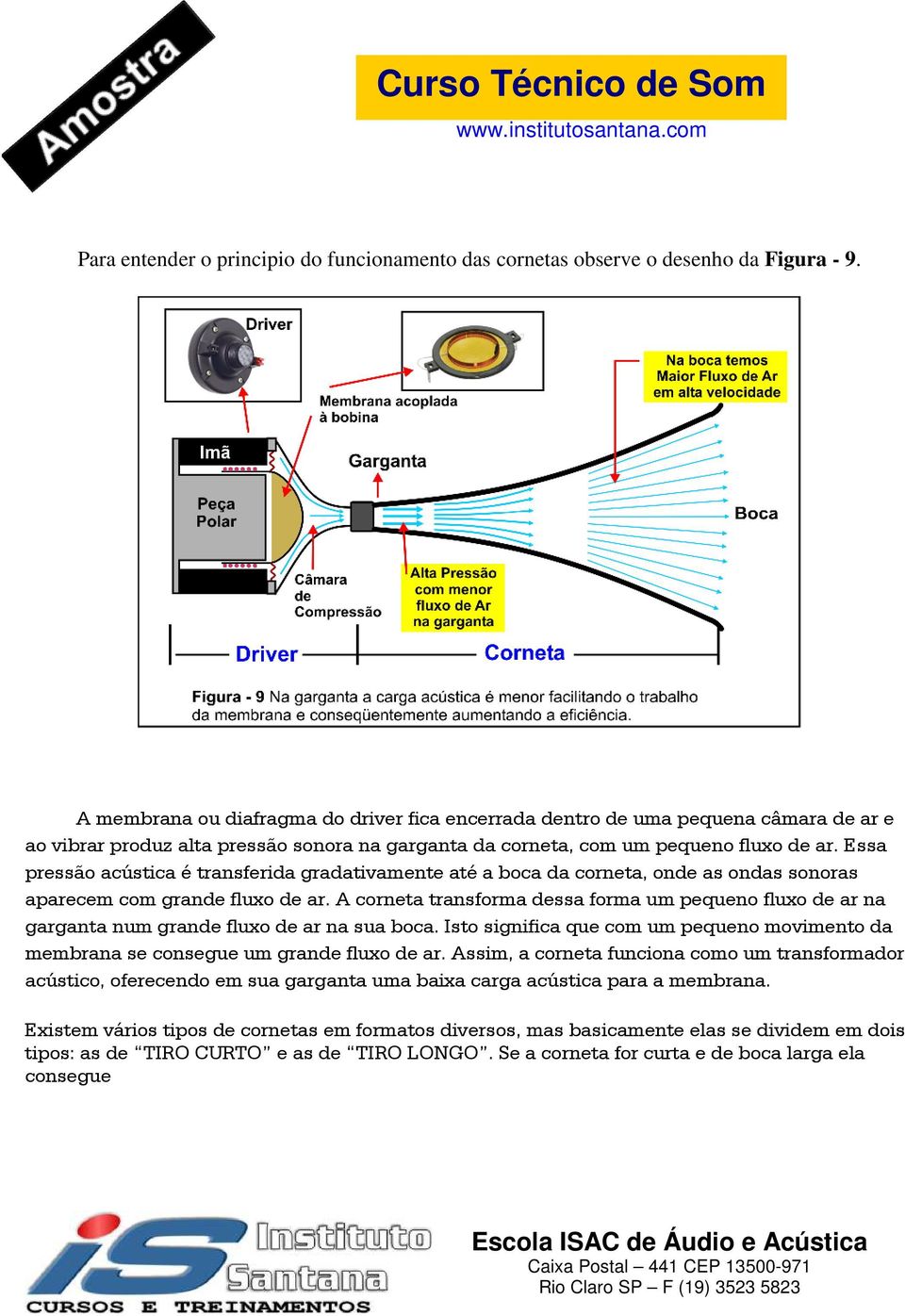 Essa pressão acústica é transferida gradativamente até a boca da corneta, onde as ondas sonoras aparecem com grande fluxo de ar.