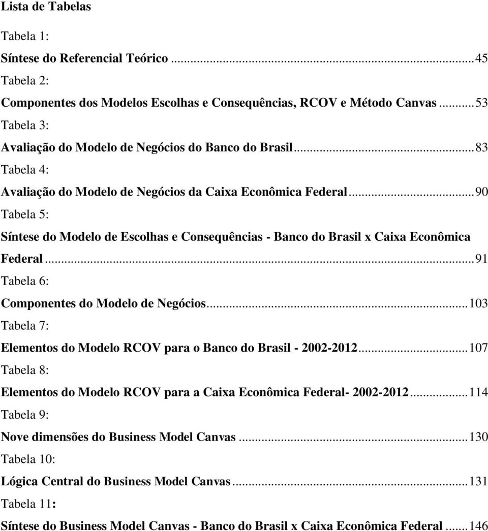 .. 90 Tabela 5: Síntese do Modelo de Escolhas e Consequências - Banco do Brasil x Caixa Econômica Federal... 91 Tabela 6: Componentes do Modelo de Negócios.