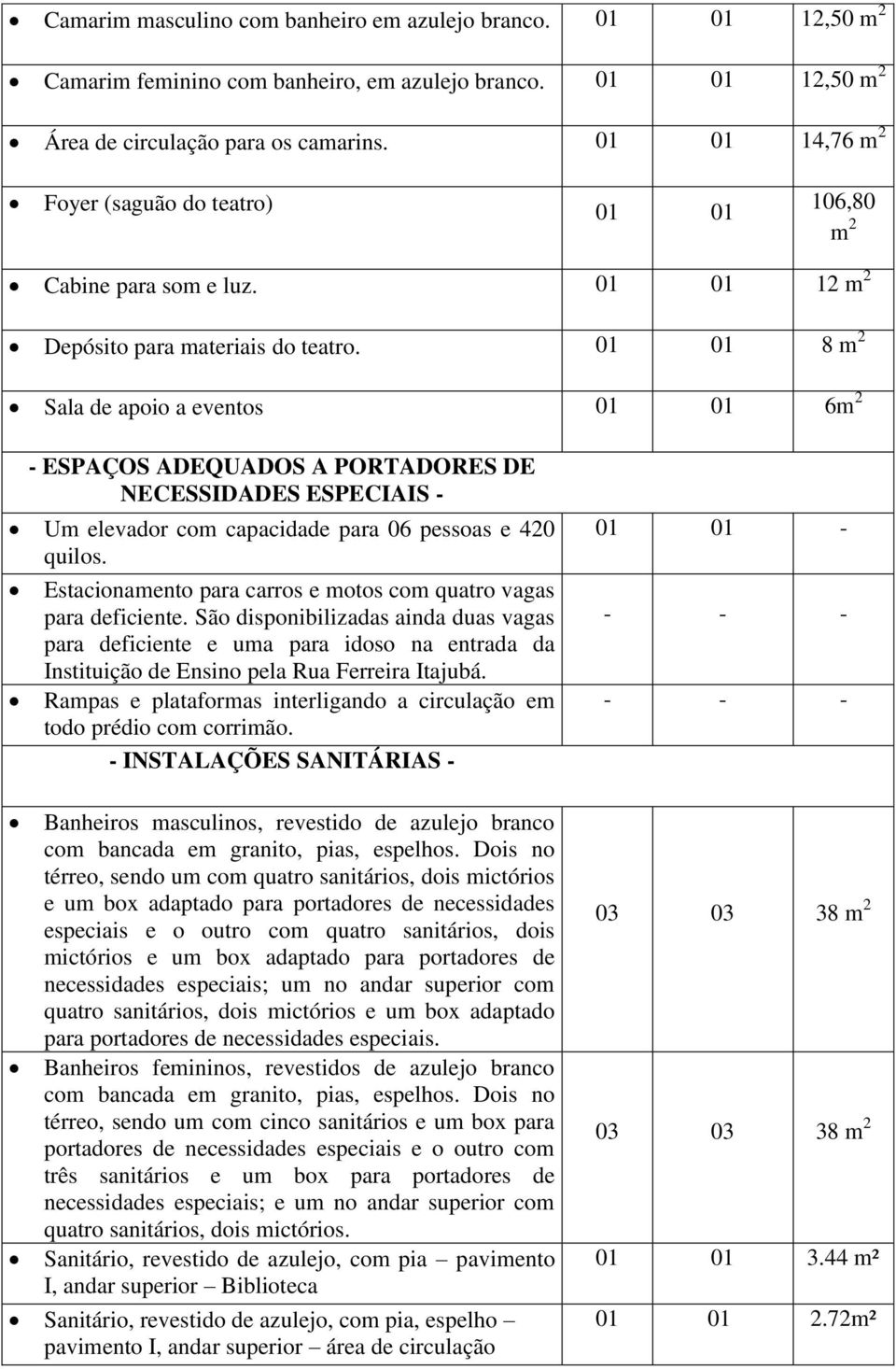 01 01 8 Sala de apoio a eventos 01 01 6 ESPAÇOS ADEQUADOS A PORTADORES DE NECESSIDADES ESPECIAIS Um elevador com capacidade para 06 pessoas e 420 quilos.