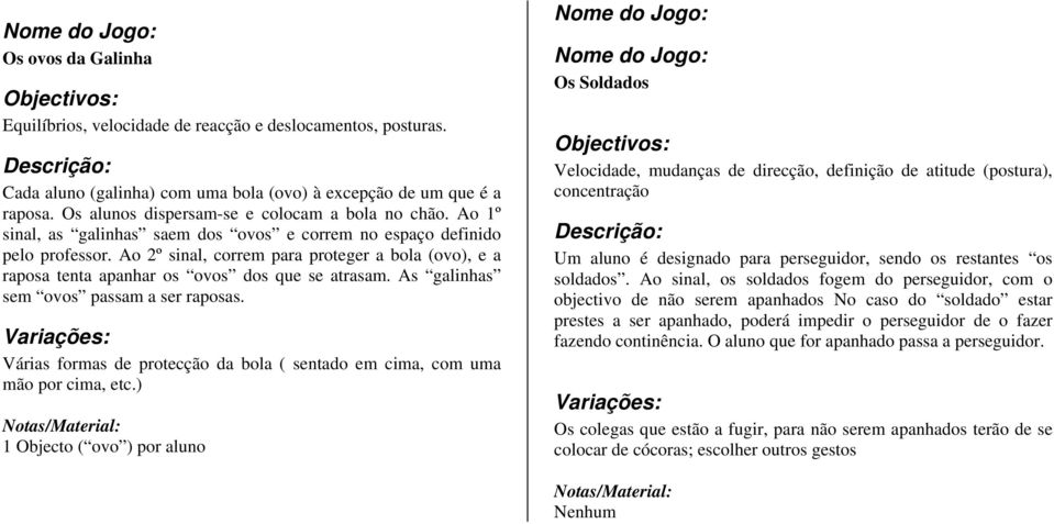 Ao 2º sinal, correm para proteger a bola (ovo), e a raposa tenta apanhar os ovos dos que se atrasam. As galinhas sem ovos passam a ser raposas.