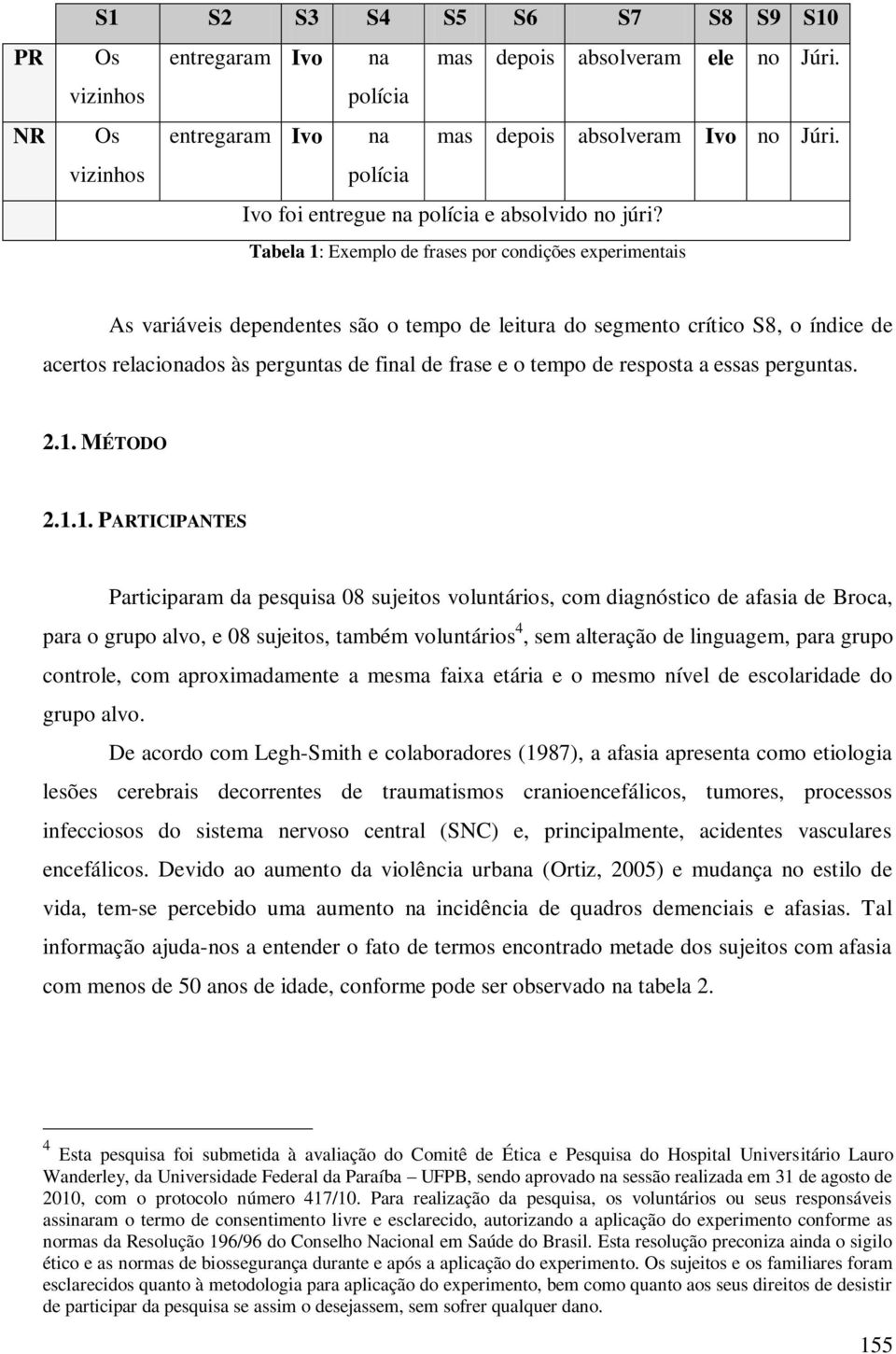 Tabela 1: Exemplo de frases por condições experimentais As variáveis dependentes são o tempo de leitura do segmento crítico S8, o índice de acertos relacionados às perguntas de final de frase e o