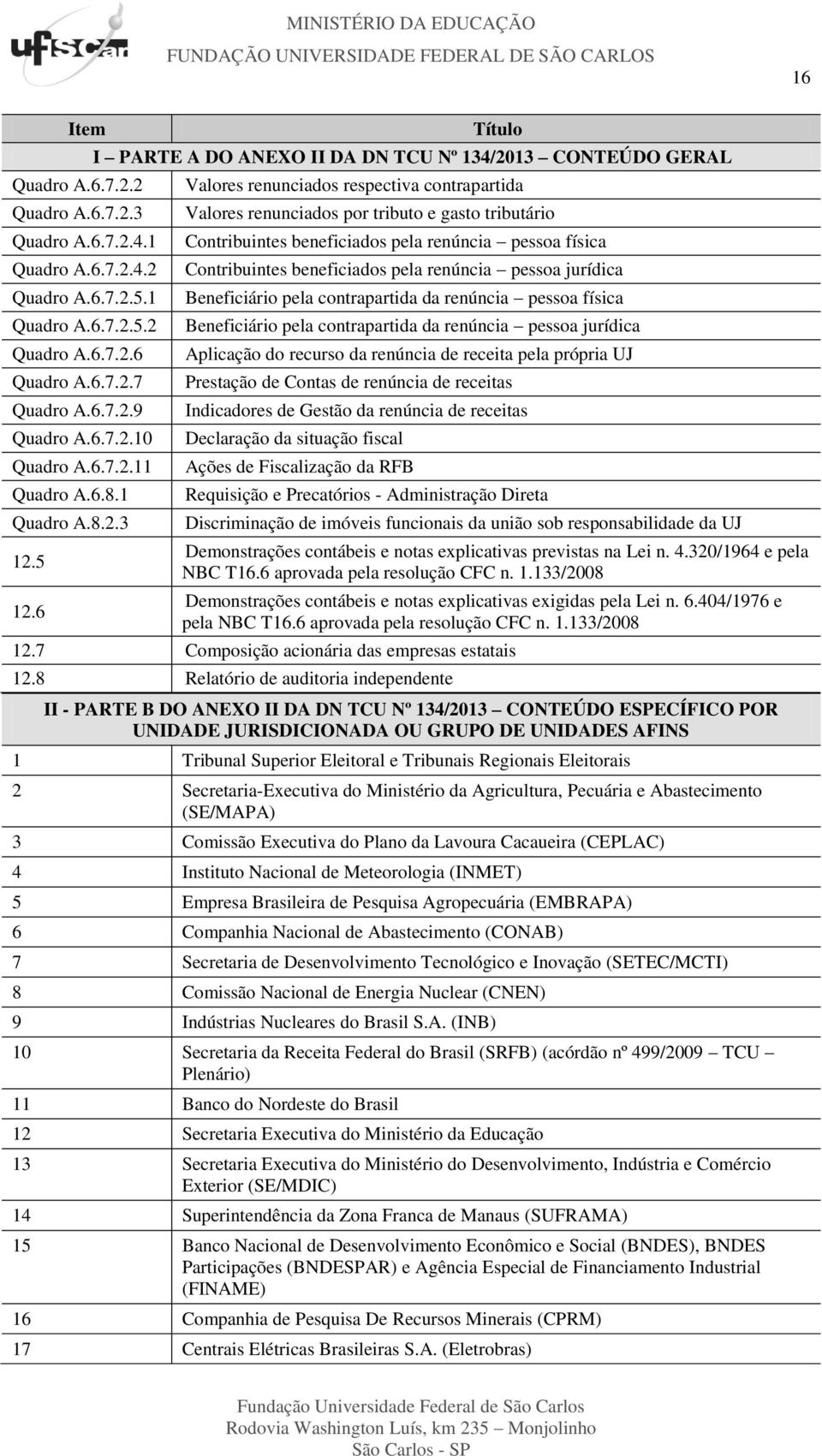 6 Título I PARTE A DO ANEXO II DA DN TCU Nº 134/2013 CONTEÚDO GERAL Valores renunciados respectiva contrapartida Valores renunciados por tributo e gasto tributário Contribuintes beneficiados pela