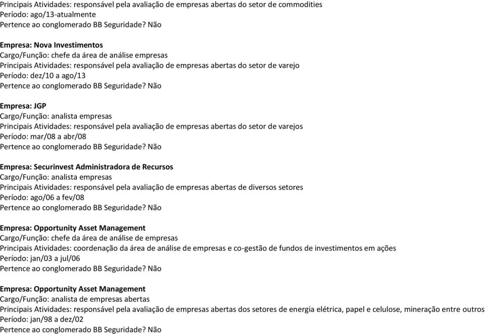 avaliação de empresas abertas do setor de varejos Período: mar/08 a abr/08 Empresa: Securinvest Administradora de Recursos Cargo/Função: analista empresas Principais Atividades: responsável pela