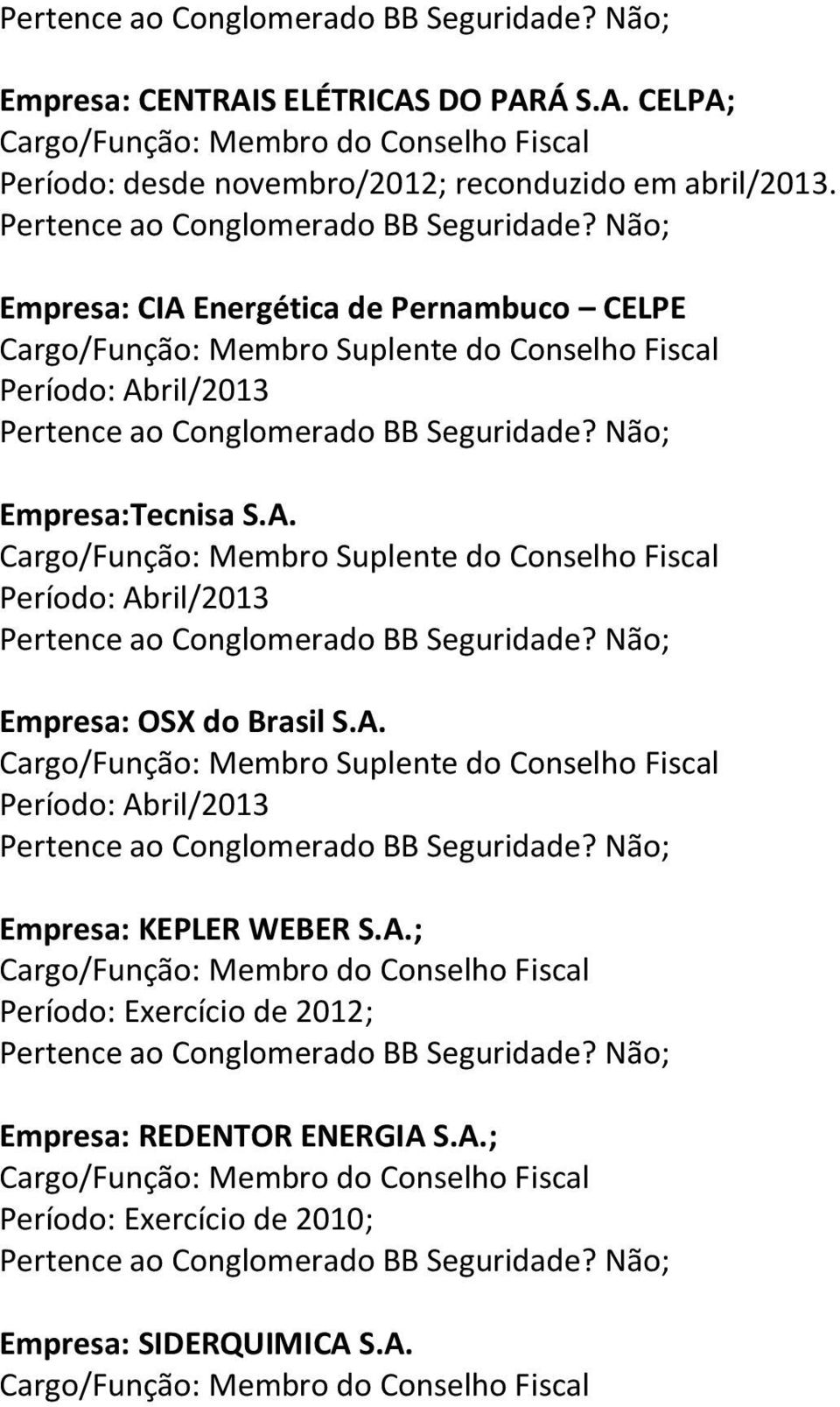 A. Período: Abril/2013 Empresa: KEPLER WEBER S.A.; Período: Exercício de 2012; Empresa: REDENTOR ENERGIA S.