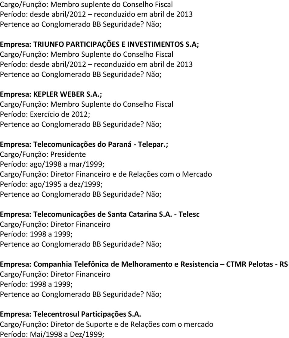 ; Cargo/Função: Presidente Período: ago/1998 a mar/1999; Cargo/Função: Diretor Financeiro e de Relações com o Mercado Período: ago/1995 a dez/1999; Empresa: Telecomunicações de Santa Catarina S.A.