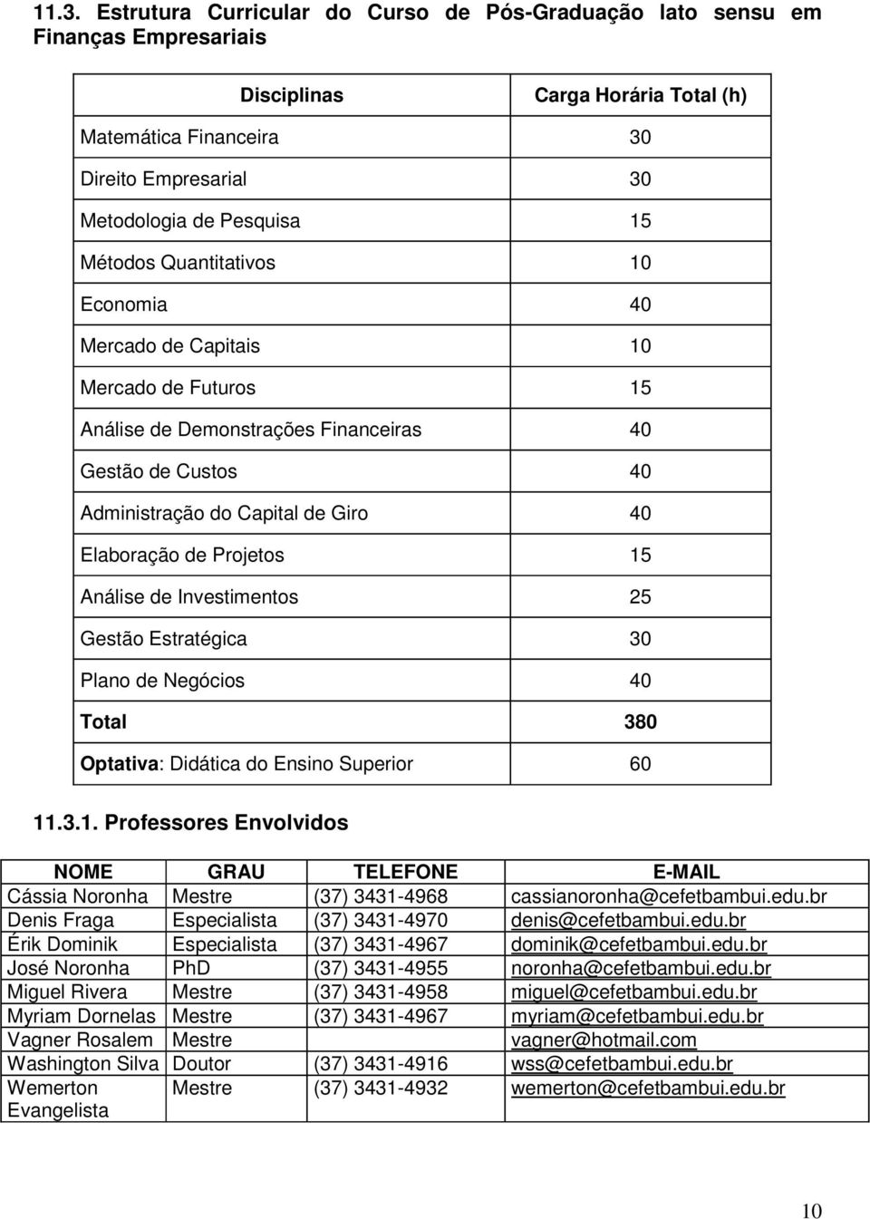 Investimentos 25 Gestão Estratégica 30 Plano de Negócios 40 Total 380 Optativa: Didática do Ensino Superior 60 11