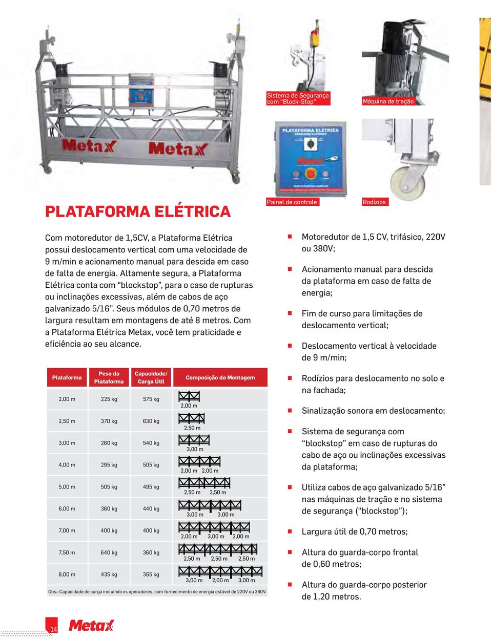 Altamente segura, a Plataforma Elétrica conta com blockstop, para o caso de rupturas ou inclinações excessivas, além de cabos de aço galvanizado 5/16.