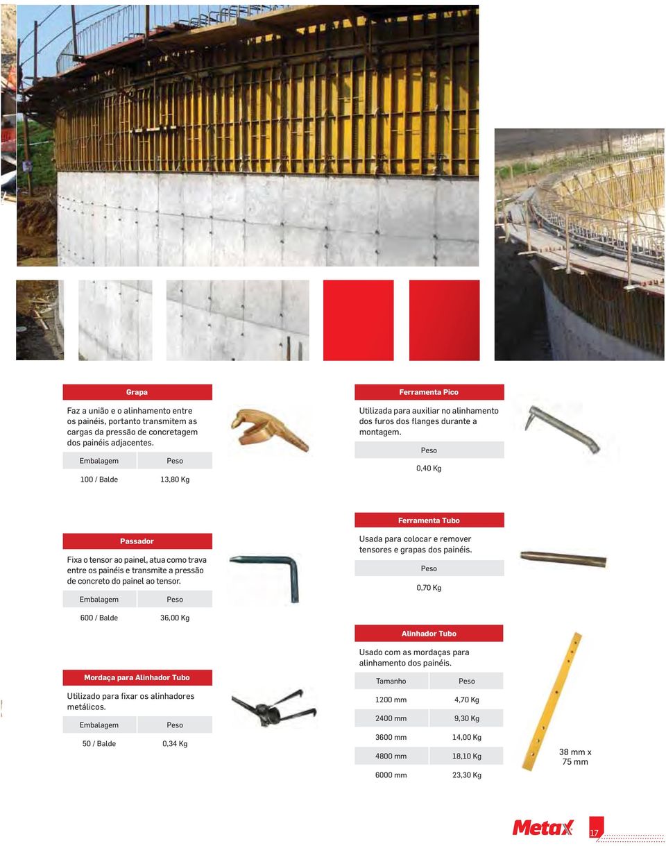 Peso 0,40 Kg Ferramenta Tubo Passador Fixa o tensor ao painel, atua como trava entre os painéis e transmite a pressão de concreto do painel ao tensor.