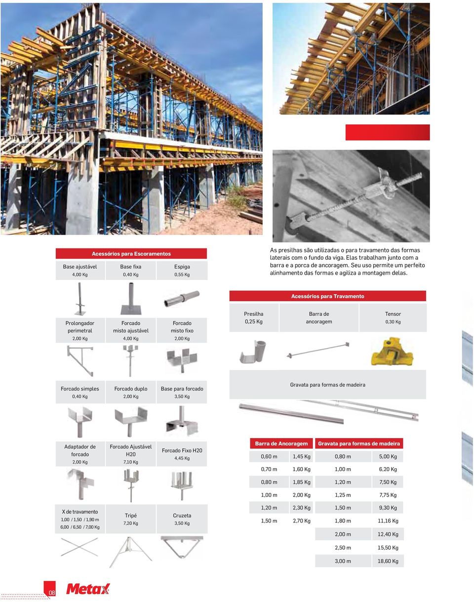Acessórios para Travamento Prolongador perimetral 2,00 Kg Forcado misto ajustável 4,00 Kg Forcado misto fixo 2,00 Kg Presilha 0,25 Kg Barra de ancoragem Tensor 0,30 Kg Forcado simples 0,40 Kg Forcado