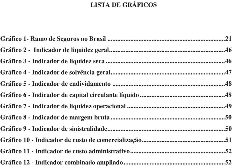 .. 48 Gráfico 7 - Indicador de liquidez operacional... 49 Gráfico 8 - Indicador de margem bruta... 50 Gráfico 9 - Indicador de sinistralidade.