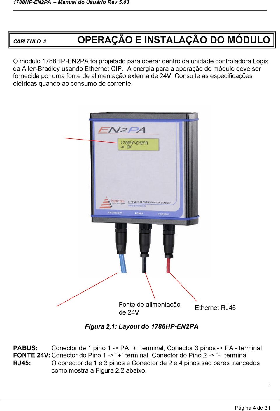 consumo de corrente Fonte de alimentação de 24V Ethernet RJ45 Figura 2,1: Layout do 1788HP-EN2PA PABUS: Conector de 1 pino 1 -> PA + terminal, Conector 3 pinos -> PA - terminal