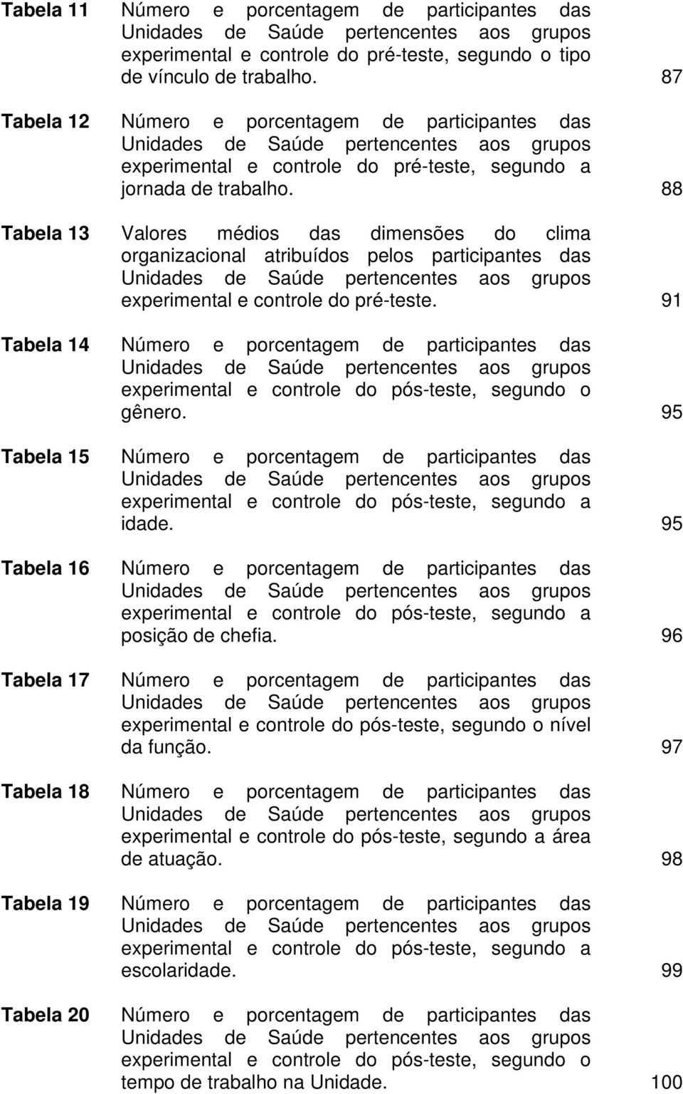 88 Tabela 13 Valores médios das dimensões do clima organizacional atribuídos pelos participantes das Unidades de Saúde pertencentes aos grupos experimental e controle do pré-teste.