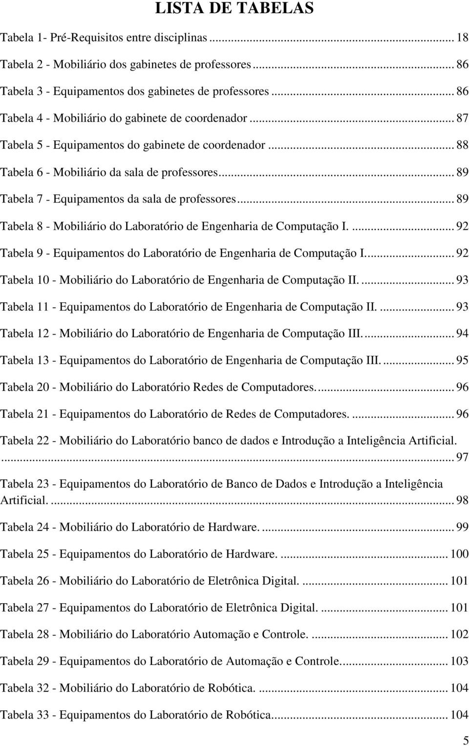 .. 89 Tabela 7 - Equipamentos da sala de professores... 89 Tabela 8 - Mobiliário do Laboratório de Engenharia de Computação I.... 92 Tabela 9 - Equipamentos do Laboratório de Engenharia de Computação I.