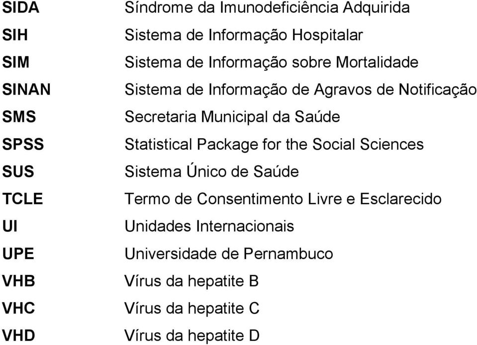 Municipal da Saúde Statistical Package for the Social Sciences Sistema Único de Saúde Termo de Consentimento Livre e