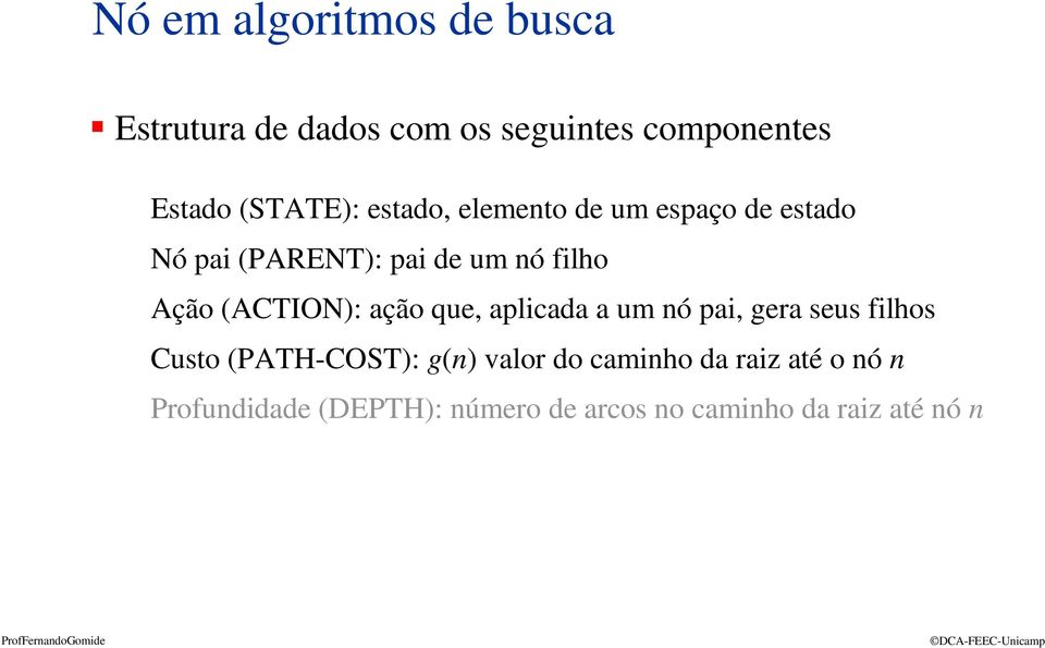 Ação (ACTION): ação que, aplicada a um nó pai, gera seus filhos Custo (PATH-COST): g(n)