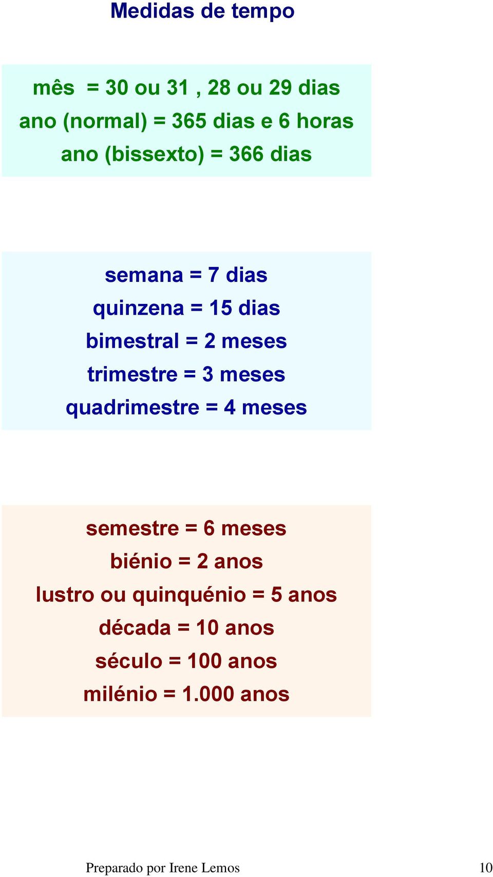 3 meses quadrimestre = 4 meses semestre = 6 meses biénio = 2 anos lustro ou quinquénio =