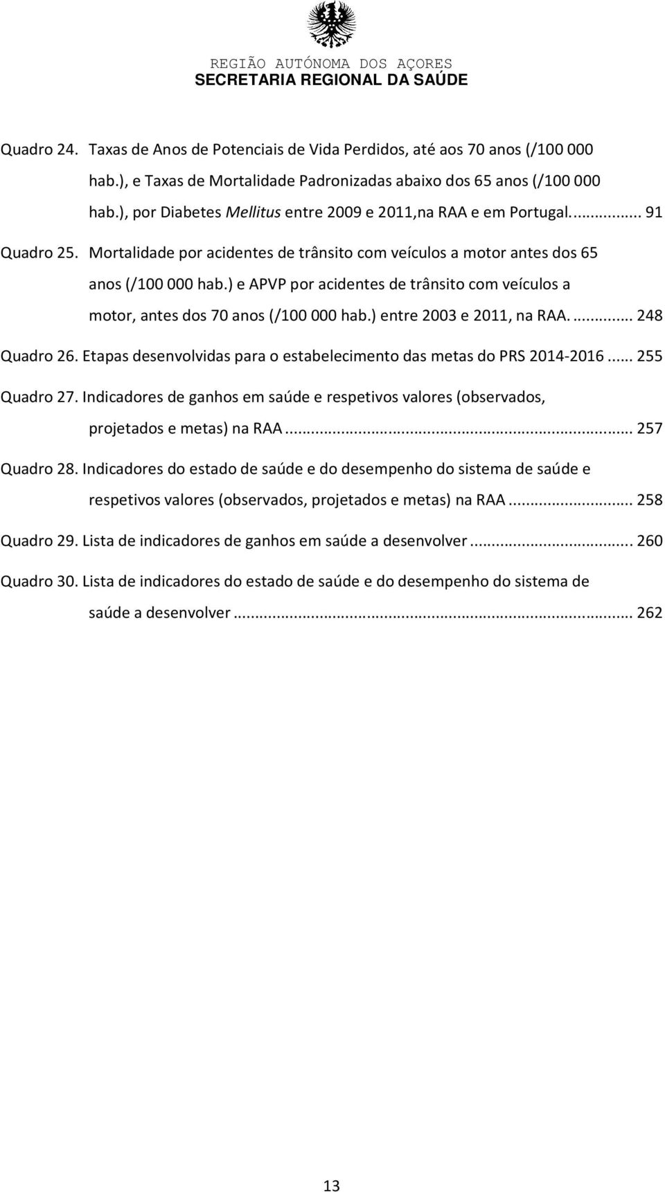 ) e APVP por acidentes de trânsito com veículos a motor, antes dos 70 anos (/100000 hab.) entre 2003 e 2011, na RAA.... 248 Quadro 26.