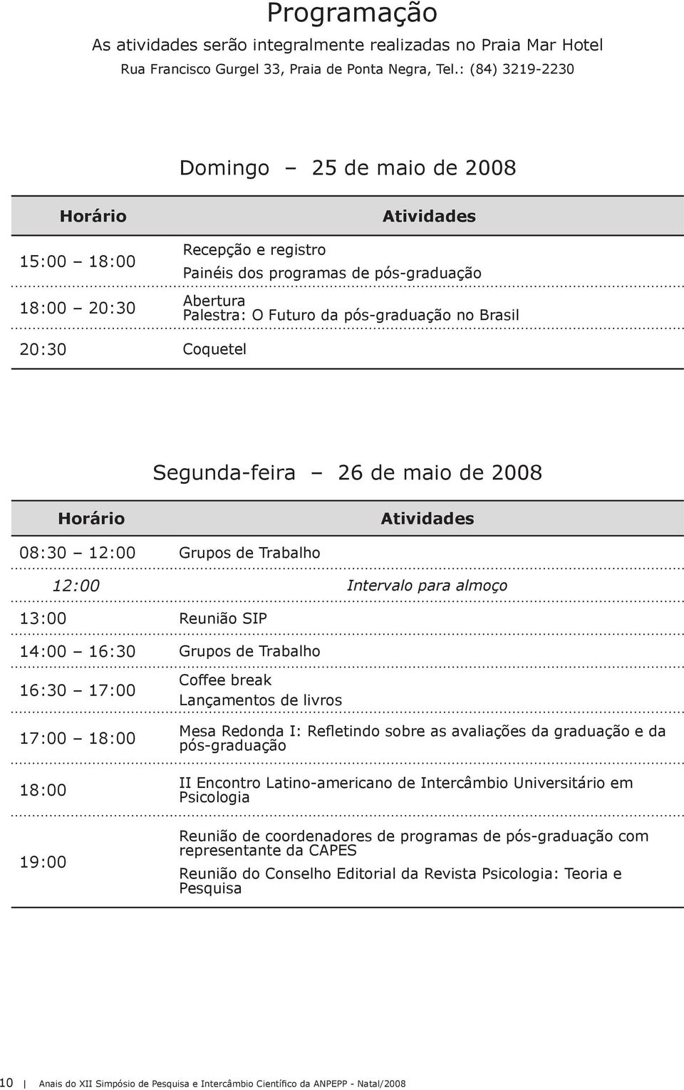 Brasil 20:30 Coquetel Segunda-feira 26 de maio de 2008 Horário Atividades 08:30 12:00 Grupos de Trabalho 12:00 Intervalo para almoço 13:00 Reunião SIP 14:00 16:30 Grupos de Trabalho 16:30 17:00 17:00