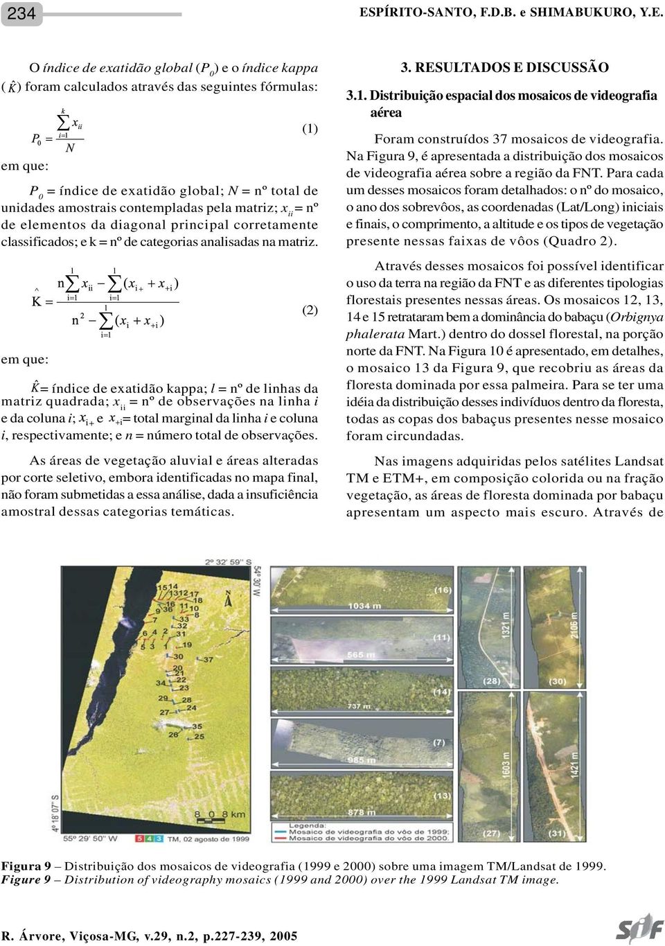 O índice de exatidão global (P 0 ) e o índice kappa ( ) foram calculados através das seguintes fórmulas: em que: P 0 = índice de exatidão global; N = nº total de unidades amostrais contempladas pela