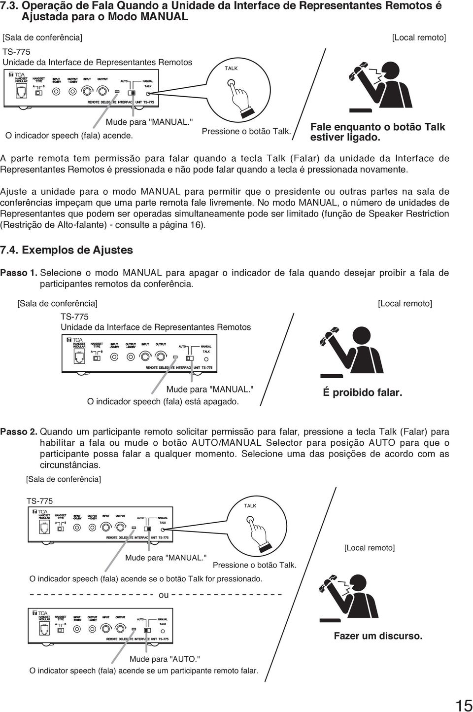 A parte remota tem permissão para falar quando a tecla Talk (Falar) da unidade da Interface de Representantes Remotos é pressionada e não pode falar quando a tecla é pressionada novamente.