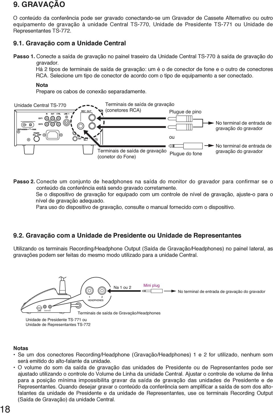 Há 2 tipos de terminais de saída de gravação: um é o de conector de fone e o outro de conectores RCA. Selecione um tipo de conector de acordo com o tipo de equipamento a ser conectado.