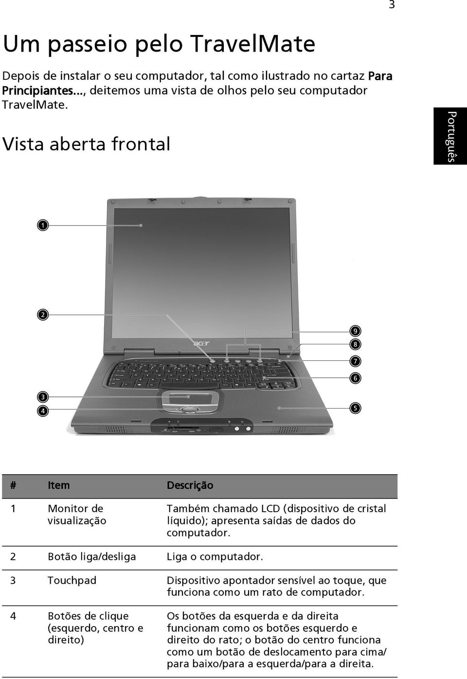 2 Botão liga/desliga Liga o computador. 3 Touchpad Dispositivo apontador sensível ao toque, que funciona como um rato de computador.