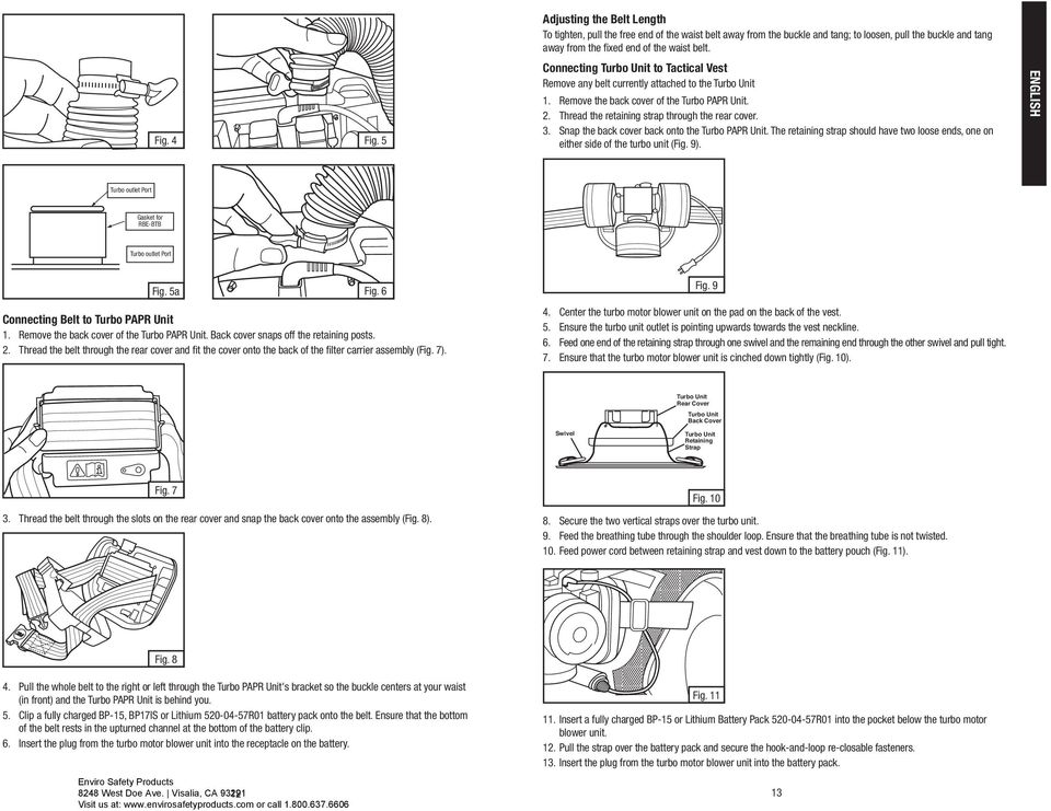 Snap the back cover back onto the Turbo PAPR Unit. The retaining strap should have two loose ends, one on either side of the turbo unit (Fig. 9). Fig. 4 Fig.