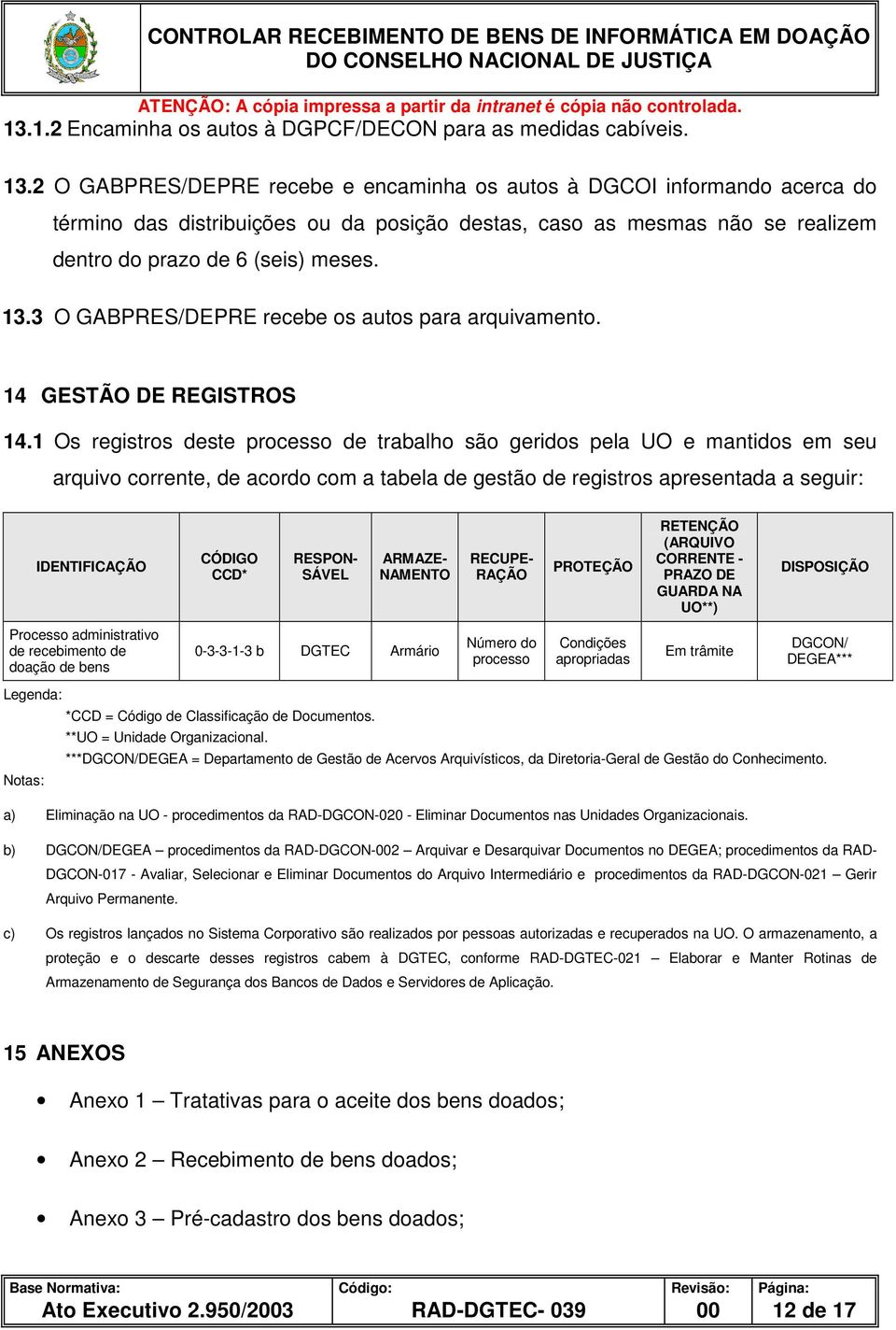 3 O GABPRES/DEPRE recebe os autos para arquivamento. 14 GESTÃO DE REGISTROS 14.