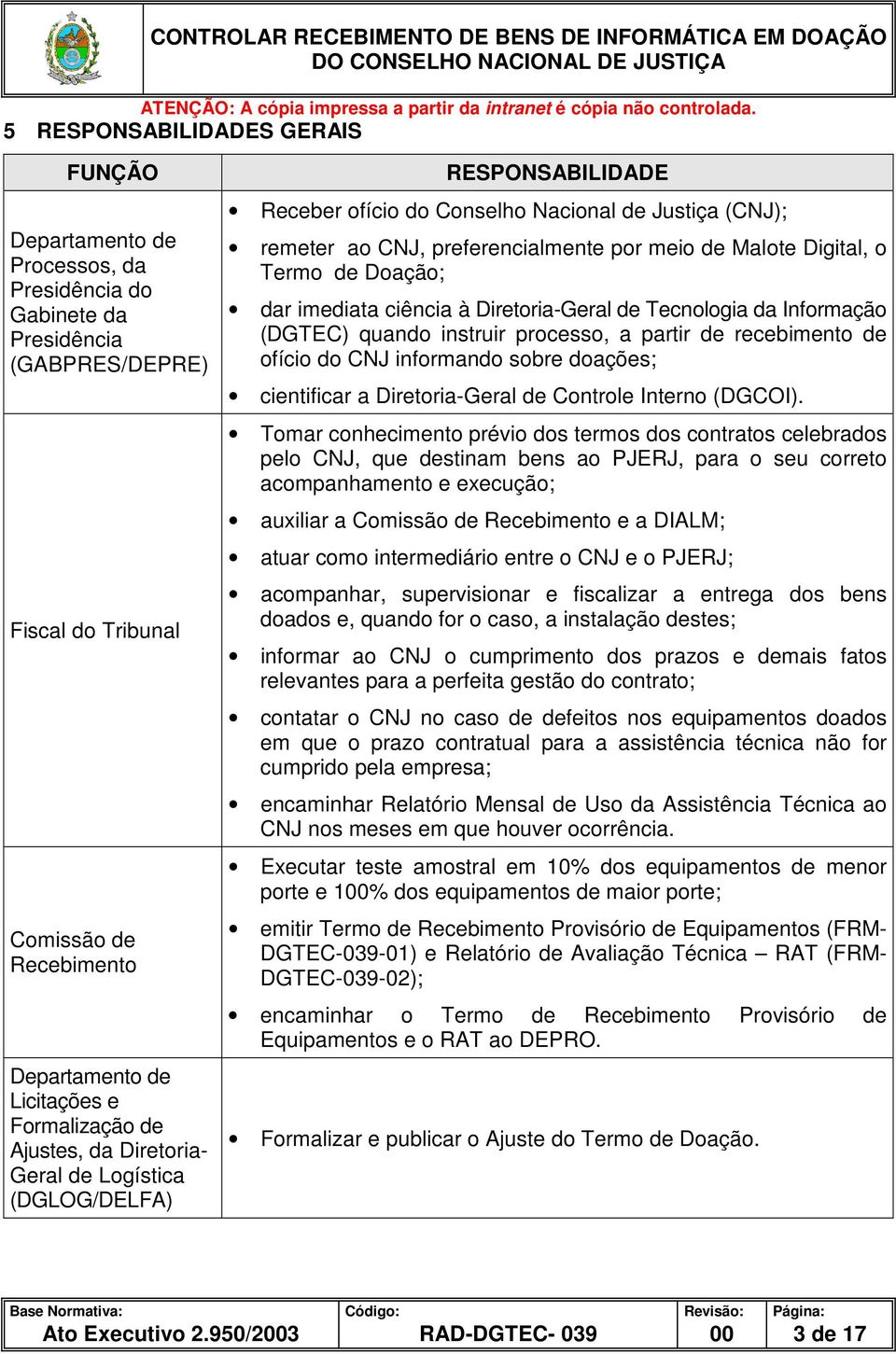 Digital, o Termo de Doação; dar imediata ciência à Diretoria-Geral de Tecnologia da Informação (DGTEC) quando instruir processo, a partir de recebimento de ofício do CNJ informando sobre doações;