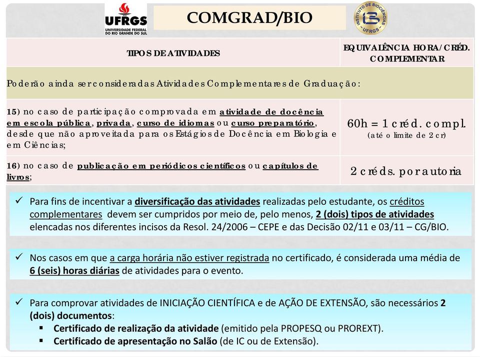 curso preparatório, desde que não aproveitada para os Estágios de Docência em Biologia e em Ciências; 16) no caso de publicação em periódicos científicos ou capítulos de livros; 60h = 1 créd. compl.