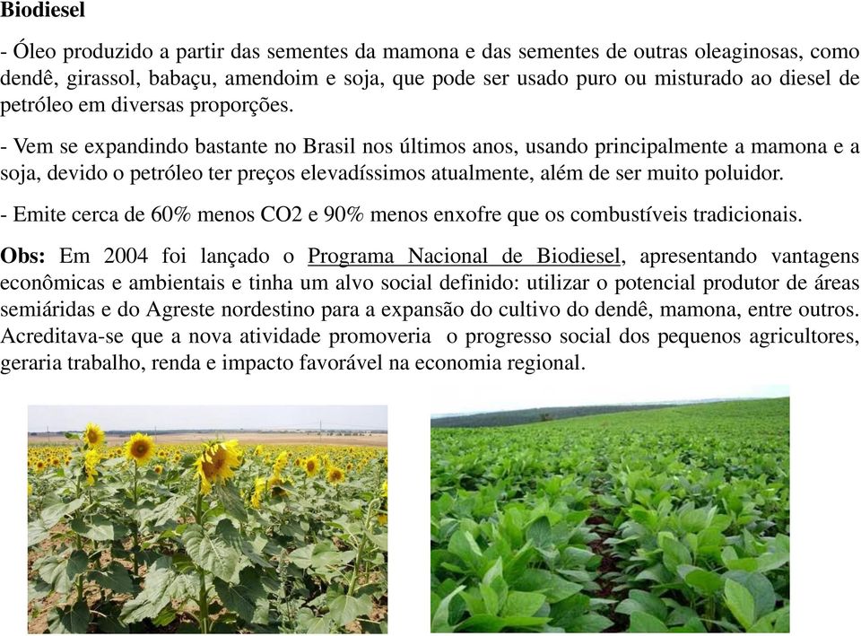 - Vem se expandindo bastante no Brasil nos últimos anos, usando principalmente a mamona e a soja, devido o petróleo ter preços elevadíssimos atualmente, além de ser muito poluidor.