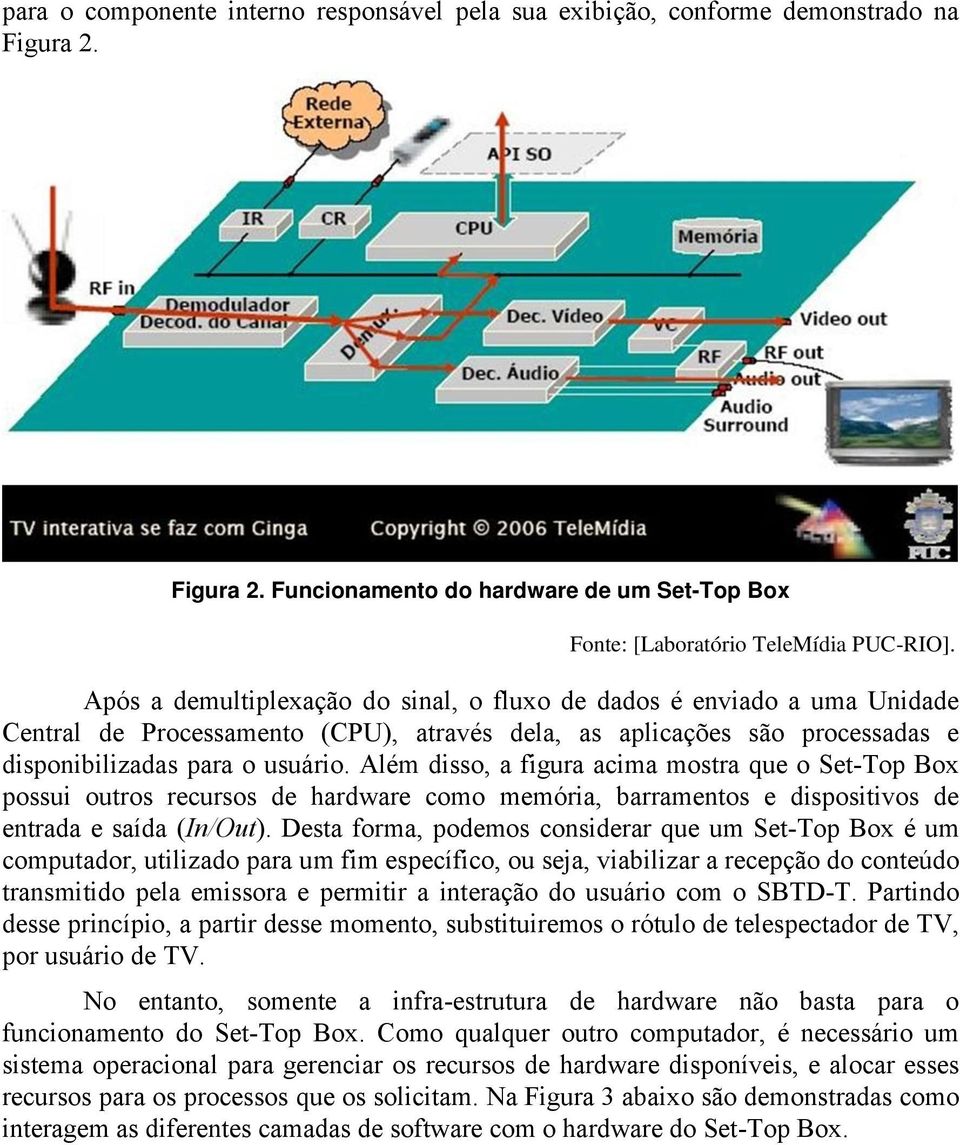 Além disso, a figura acima mostra que o Set-Top Box possui outros recursos de hardware como memória, barramentos e dispositivos de entrada e saída (In/Out).